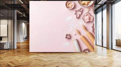 Pink Baking Background with Rolling Pins  Cookie Cutters  and Flour Wall mural