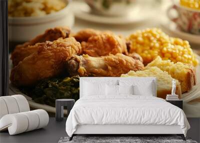 Southern Fried Chicken  Collard Greens  Cornbread  and Corn on White Plate Wall mural