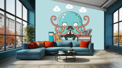 Vector working octopus smiling cartoon labor Wall mural