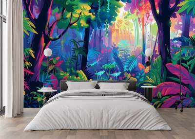 Vibrant Jungle Landscape with Birds Wall mural