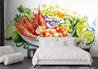 Watercolor Painting of Fresh Shrimp  Lime  and Vegetables in a Bowl Wall mural