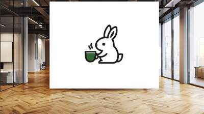 A simple, minimalist linear vector logo of an animated rabbit with mugcup, set against a white background with black lines, in a flat design with no color, Wall mural