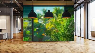 A minimalist interior features black pendant lights paired with a palm tree for a chic touch. Wall mural