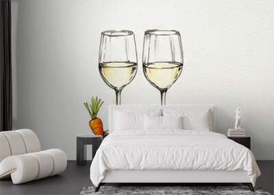 a minimalistic water color sketch of two tiny wine glasses with cheese and carrots drawn in the middle of whole white paper texture canvas Wall mural