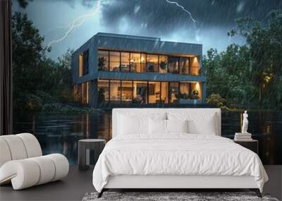 A realistic scene of a modern house standing in the middle of a heavy thunderstorm. Rain is pouring down, with lightning illuminating Wall mural