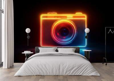 A vibrant neon picture icon in orange and yellow, isolated on a black background for a striking tech symbol. Wall mural