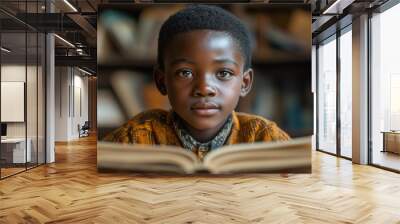 A young boy engrossed in reading a book in a classroom setting. Wall mural