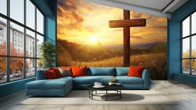 Christian cross with nature background Wall mural