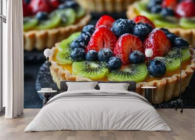 Fruit Tarts: Tarts filled with pastry cream and topped with fresh, colorful fruits like strawberries, kiwis, and blueberries, reflecting the freshness of spring Wall mural