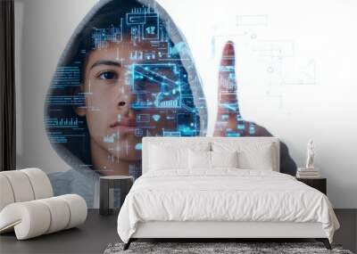 Hacker in a hoodie with a cyber network and security icons in a double exposure on a white background, real photograph. Wall mural