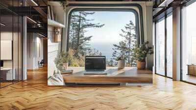 Japandi sprinter camper van view. White oak work desk overlooking panoramic window. Wall mural