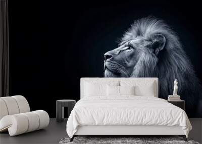 Majestic lion with flowing mane, sitting proudly against a black background Wall mural