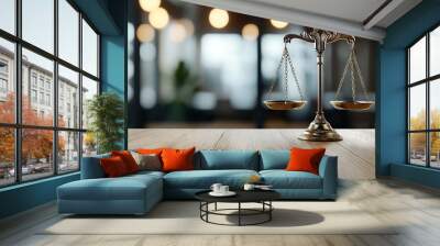 Scales of justice on a wooden table in an office, representing the concept of law and order. The background features blurred lights. 3D rendering. Wall mural