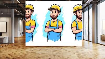 Smiling male janitor cartoon character holding broom, wearing yellow shirt, blue overalls, safety gloves, hard hat. Friendly cleaning staff illustration, professional cleaner ready sweep. Cartoon Wall mural