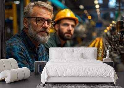 Two men engage in a meeting beside a factory machine, discussing operational improvements and technological enhancements in production. Wall mural