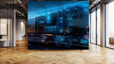 Advanced transportation technology - truck with blue, orange, glowing holographic digital logistics data, dark background - AI, network, truck Wall mural