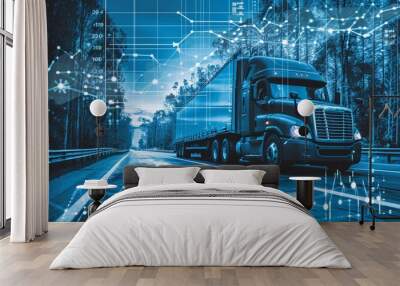 side view of truck in blue with info-graphic data - transport, truck, logistics, data, transportation, network, technology Wall mural