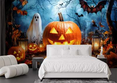 Vibrant Halloween Monster Mashup - Colorful Spooky Creature Illustration Wall mural