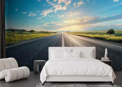 compelling image capturing the essence of a road journey on a highway. Showcase the open road stretching into the horizon, surrounded by landscapes that evoke a sense of adventure.  Wall mural