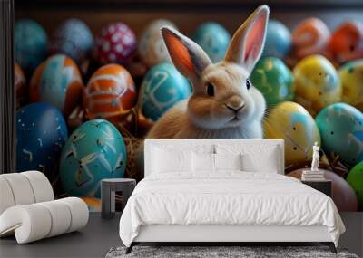 Happy Easter Bunny with many colorful easter eggs. Generative AI. Wall mural