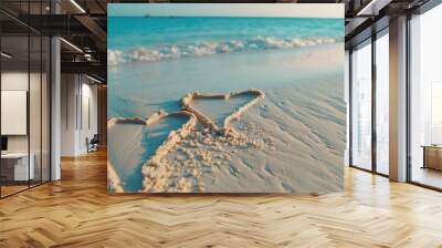 romantic scene with two hearts drawn on perfectly white sand, creating a symbol of love on a paradise beach. Wall mural