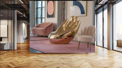 Gold hand shaped chair and pink velvet sofa in a modern interior design setting    Wall mural