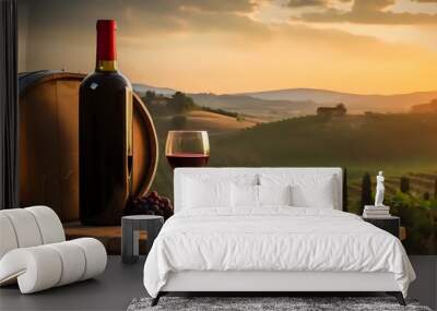 Sunlit Terrace Winery: Red Wine Bottle on Wooden Barrel in Italy Wall mural