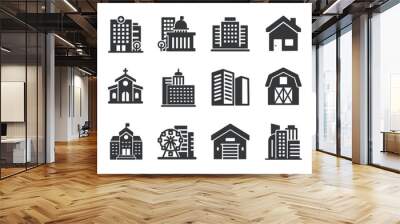 Building glyph solid icons collection. Containing skyscraper, government, hospital, house. Minimal icon and symbol series vector illustration Wall mural