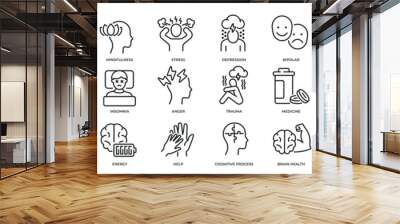 Mental health simple minimal thin line icons. Related depression, bipolar, PTSD, trauma. Editable stroke. Vector illustration. Wall mural