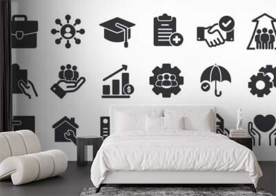 Social policy glyph solid icons collection. Containing content protection, economic, education, medicare. Minimal icon and symbol series vector illustration Wall mural