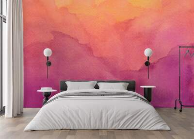 beautiful hues of yellow gold pink and purple in hand painted watercolor background design with paint bleed and fringing in colorful sunrise or sunset colors in cloudy shapes Wall mural