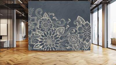 hand drawn flower design sketch in white ink on black background, elegant vintage style fancy floral doodle pattern Wall mural