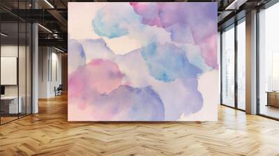 watercolor background in blue pink and purple colors, soft pastel color splash and blotches with fringe bleed painting in abstract clouds shapes with paper texture Wall mural