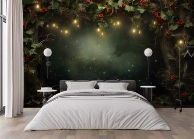 An enchanting background with fairy lights, holly, and mistletoe, providing a cozy space for Christmas holiday text or product highlights. Generative AI Wall mural