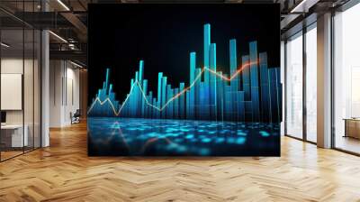 Business candle stick graph chart of stock market investment trading on blue background. Bullish point, up trend of graph. Economy design. Generative AI Wall mural