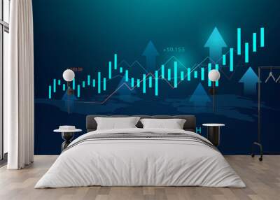 Business candle stick graph chart of stock market investment trading on blue background. Bullish point, up trend of graph. Economy vector design Wall mural