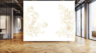 Golden rose flowers line art isolated on white background. Luxury roses floral design elements for invitation, wedding, wallpaper, print template, vector illustration Wall mural