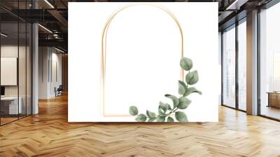 Greenery Eucalyptus Leaves Watercolor with geometric luxury gold frame isolated on white background. Natural border for wedding, invitation and card vector illustration Wall mural