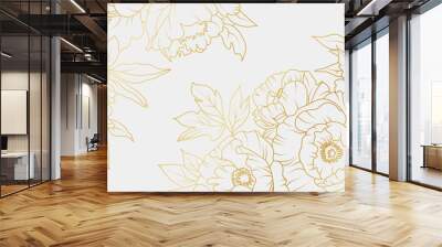 Luxury gold peony flowers background. Floral pattern tropical in line art style for greeting, invitation, wedding card, wall art, wallpaper and print. Vector illustration Wall mural