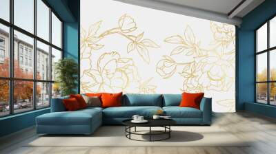 Luxury gold peony flowers background. Floral pattern tropical in line art style for greeting, invitation, wedding card, wall art, wallpaper and print. Vector illustration Wall mural