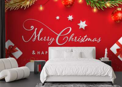 Merry Christmas and Happy New Year.Happy New Year design with realistic festive objects, light hanging, garland, green and white gift boxes, ball bauble.Horizontal banner design. Wall mural