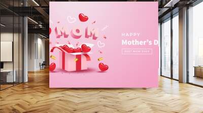 Mother's day with surprise gift box , realistic red heart, confetti and cute 3d mom letter on pink background Wall mural