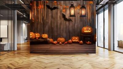 Pumpkin lanterns illuminate Halloween night on a rustic wooden background Wall mural