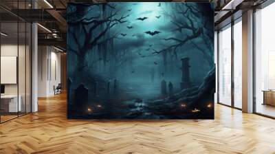 Spooky Halloween in the haunted forest graveyard with bats and scary trees. Happy Halloween Background. Generative AI Wall mural