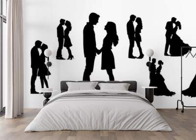 Wedding couple silhouette collection. Bride dress and husband black graphic design set isolated on white background. Vector illustration Wall mural