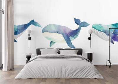 Whale watercolor set isolated on white background. Collection of underwater animal, ocean whale fish, sea nature drawing. Vector illustration Wall mural