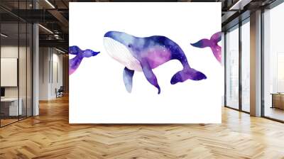 Whale watercolor set isolated on white background. Collection of underwater animal, ocean whale fish, sea nature drawing. Vector illustration Wall mural