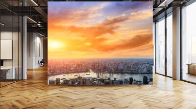 Aerial panoramic view of Shanghai skyline at sunset,China. Wall mural