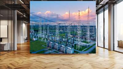 Aerial view of a high voltage substation. Wall mural