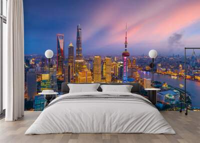 Aerial view of Shanghai skyline at night,China. Wall mural